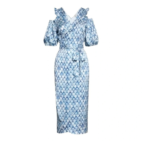 Never Fully Dressed Metallic Blue Marble Cold Shoulder Wrap Dress - Picture 6 of 7